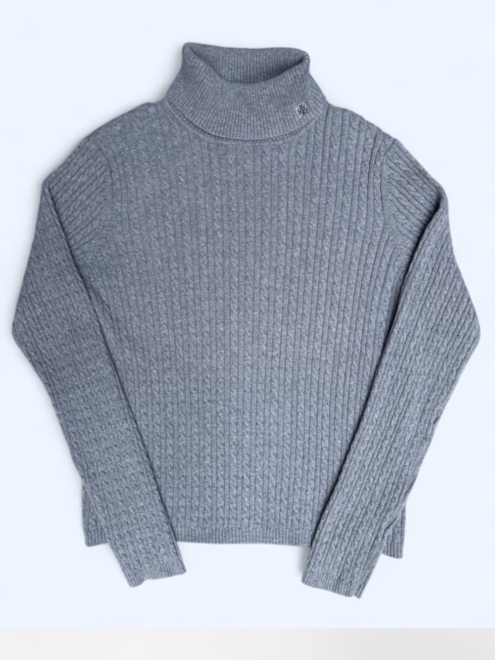 Ralph Lauren Cable Knit Turtleneck Sweater Gray Preppy Classic Golf Tennis M